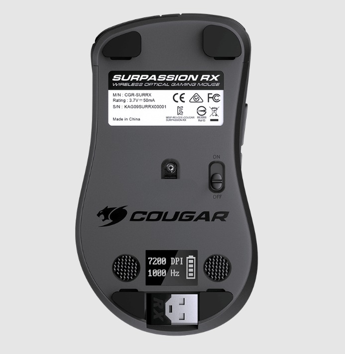 COUGAR SURPASSION RX / MOUSE GAMING INALAMBRICO RGB / 13 EFECTOS DE COLORES / SENSOR PIXART OPTICO / 7200 DPI / 1000HZ POLLING / BOTONES CUSTOMIZADO