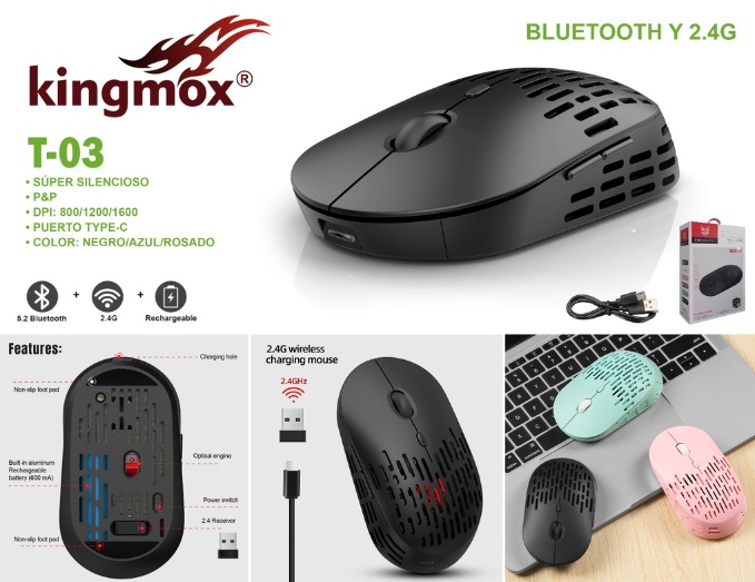 T-03 / RATON OPTICO INALAMBRICO USB RECARGABLE / DPI AJUSTABLE / 4 BOTONES / RECEPTOR TIPO-C / 600MAH / COLORES VARIADOS