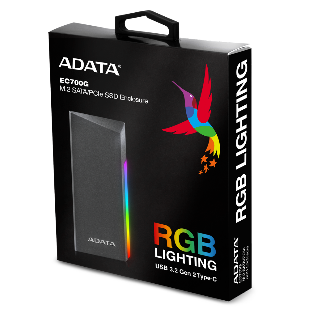 A-DATA EC700G / CAJA EXTERNA PARA M.2 DUAL SUPPORT SATA - PCI-E (NVME) / ENCLOSURE CONEXION USB 3.2 GEN 2 TIPO C / RGB LIGHTNING