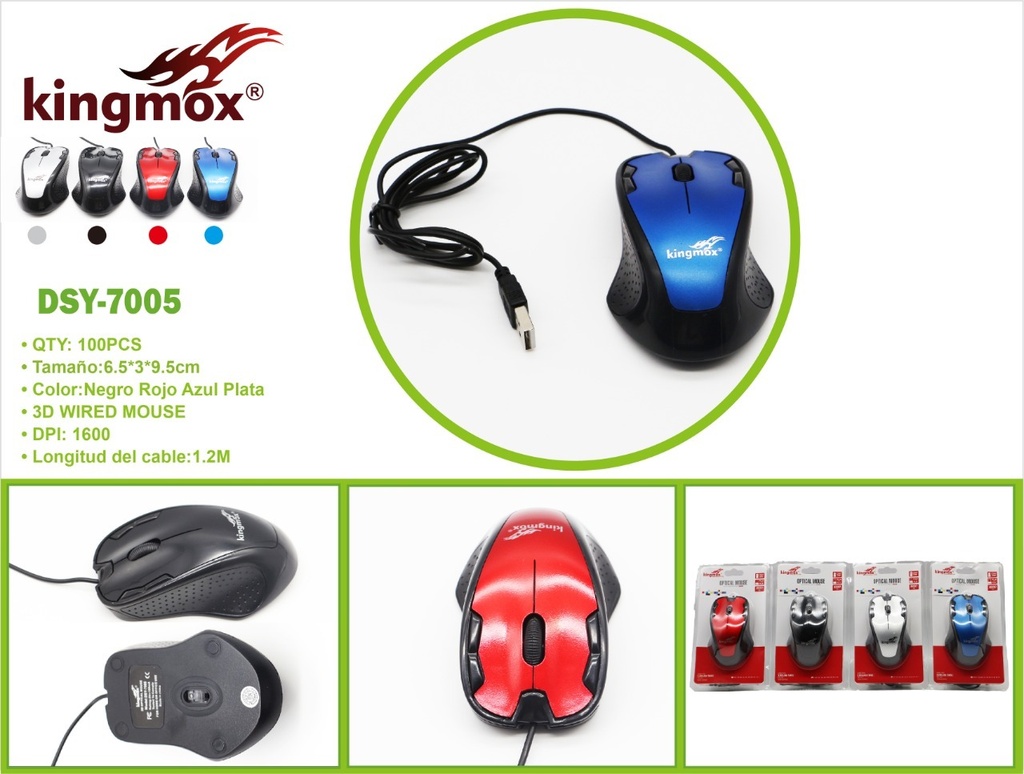 KINGMOX DSY-7005 - MOUSE USB 2.0 / COLORES VARIADOS / 1.2M